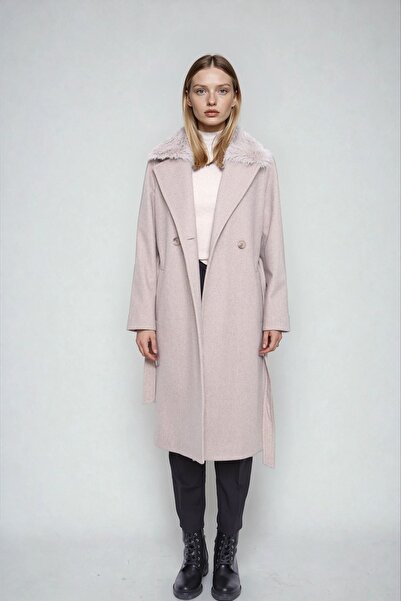 Vitrin Дълго вълнено палто с кожена яка и колан в талията