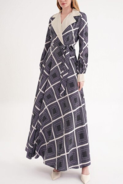 SOCIETA Desenli Geniş yakalı vatkalı elbise 94513