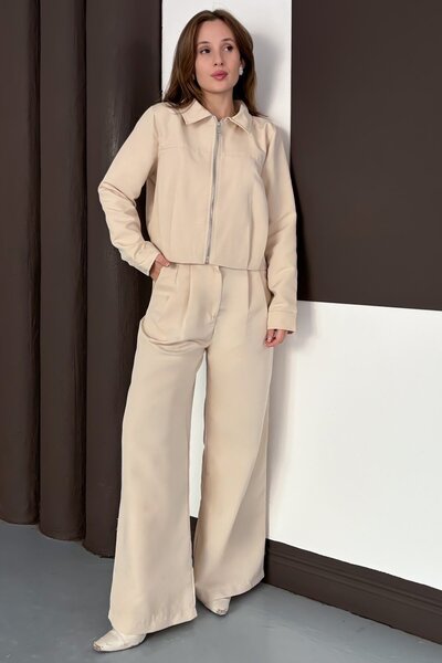 Trend Alaçatı Stili Women's Stone Zipper Closure Lined Jacket Wide Leg Pants Set Vs01564