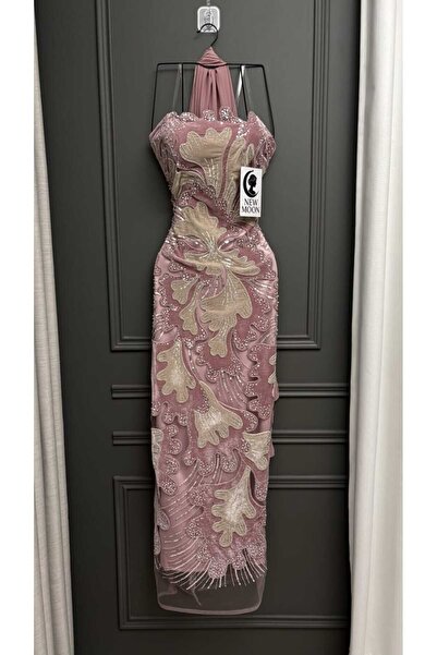 New Moon Flesh-colored velvet dress with floral embroidery