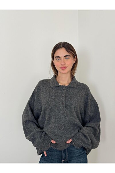 Retrobird Polo Yaka Basic Sweater Women Anthracite
