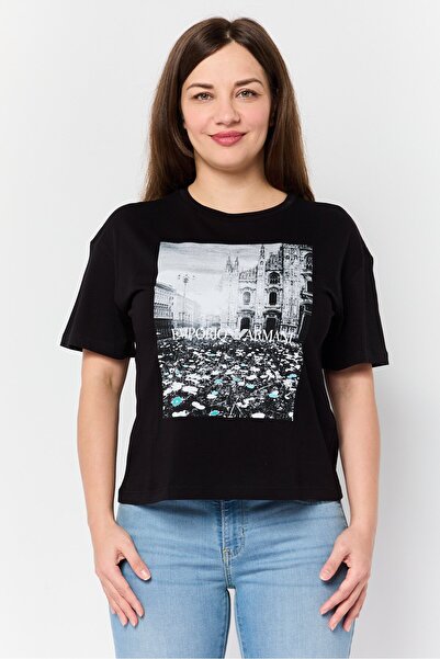 Emporio Armani Women Crew Neck Short Sleeve Graphic Print T-Shirt, Black