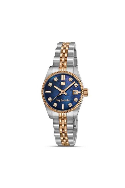 Guy Laroche Rose Blue Mother of Pearl Dial Silver-Rose Gold Metal Bracelet An...