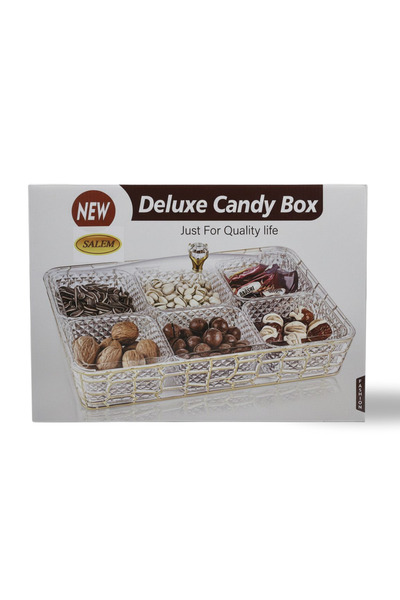 ALKHANBASHI Acrylic 6-Cell Candy Box Tray with Cover – Deluxe Clear Serving Organizer (40 × 28 × 18 cm)
