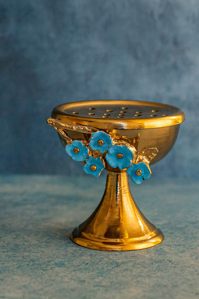 aylinyildizatölye Gold Çelik Tütsülük – Mavi Anemon Çiçeği İşlemeli, Enerji T...