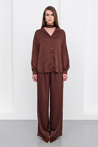 Trend Alaçatı Stili Women's Brown Jacquard Pattern Satin Shirt and Pants Satin Suit Vs01231