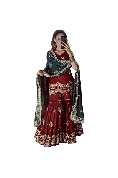 MYSMAR طقم بيجاما وبنطال وشال من قماش جورجيت صناعي بلون خمري - HRT1841 | خمري