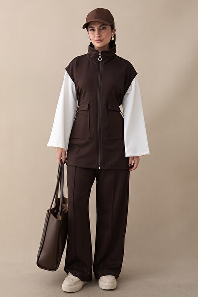InStyle Zippered Vest Pants Bitter Brown Two-Piece Modal Set