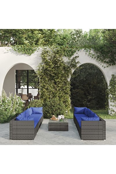 vidaxl طقم أثاث حديقة مكون من 9 قطع مع وسائد من الروطان الصناعي باللون الرمادي