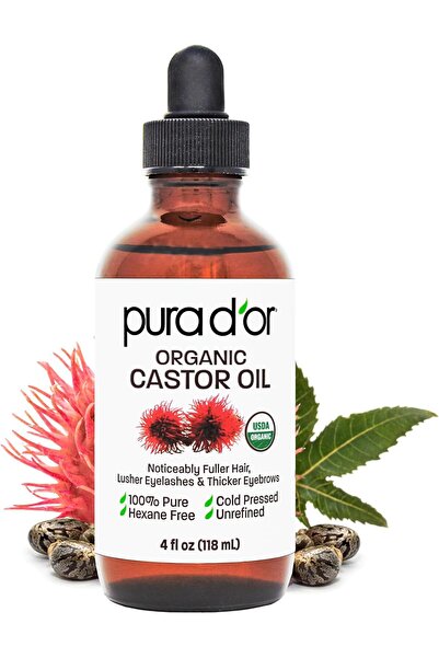 Pura D'or Organic Castor Oil (4oz + 2 BONUS Pre-Filled Eyelash & Eyebrow Brus...