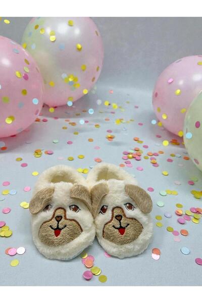 Marblestone Bebek Kahverengi-Beyaz Köpek Figürlü Nakışlı Peluş Panduf Ev Ayak...