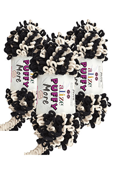 Alize Ață de tricotat manual Puffy More 3 bucăți – 6270 Ecru Black – 150 Gr. ...