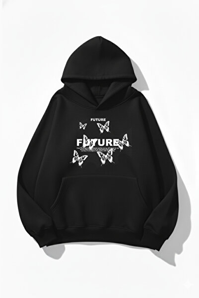 uyguntarz Унисекс мека текстура с принт на пеперуди Оверсайз суитшърт с качул...