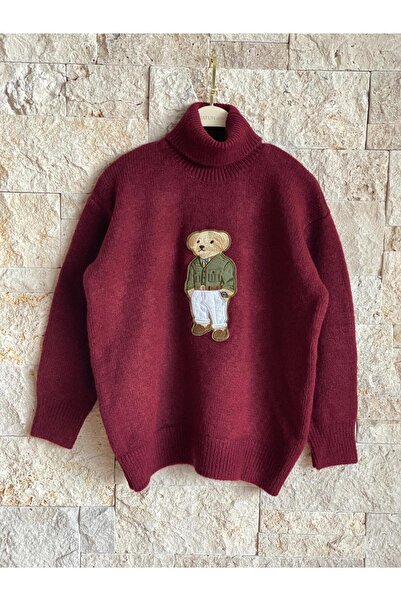 Hatun Atila Hatunatila Teddy Bear Patterned Apike Embroidered Turtleneck Sweater Burgundy 2418