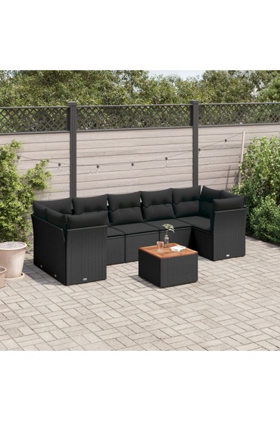 vidaxl طقم كنب حديقة مكون من 8 قطع مع وسائد، مصنوع من خشب الروطان الصناعي الأسود