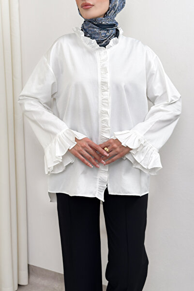 Salih Çelebi Ruffle Detailed Oversized Shirt 0057 - White