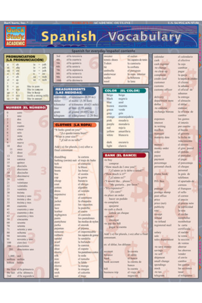 BarCharts Tabel de referință laminat pentru vocabularul spaniol