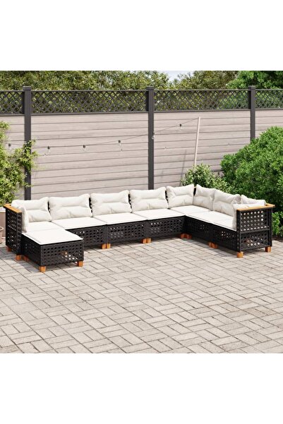 vidaxl طقم كنب حديقة مكون من 8 قطع مع وسائد، مصنوع من خشب الروطان الصناعي الأسود