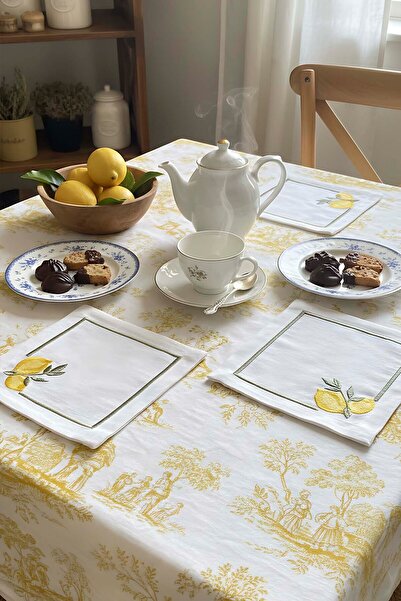Rivaİstanbul Lemon Embroidered 4-Piece Presentation Napkin Set, Cocktail Napkin, Coffee Side Presentation Napkin, Coaster