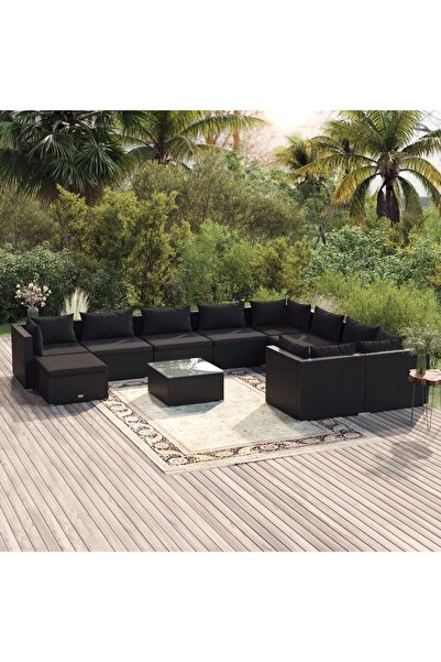 vidaxl طقم جلوس حديقة مكون من 11 قطعة مع وسائد، مصنوع من راتان صناعي أسود
