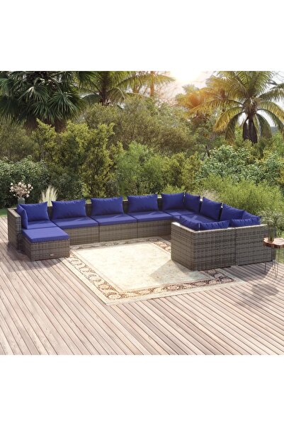 vidaxl طقم أثاث حديقة مكون من 10 قطع مع وسائد من الروطان الصناعي باللون الرمادي