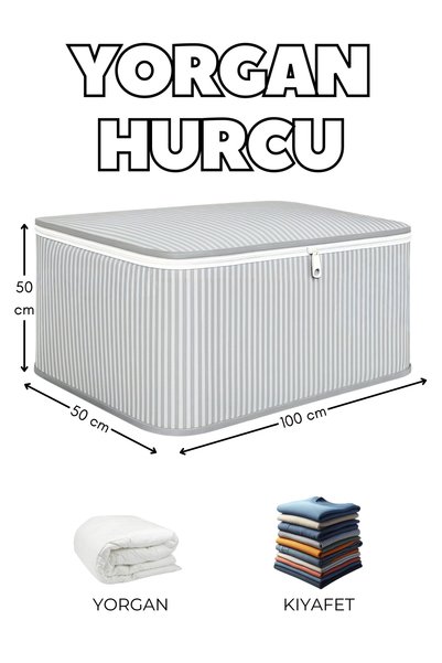 HURCEVİM 1 Adet Antrasit Çizgili Yorgan Hurcu 100x50x50 cm | Ekstra Dayanıklı Hurç - Organizer