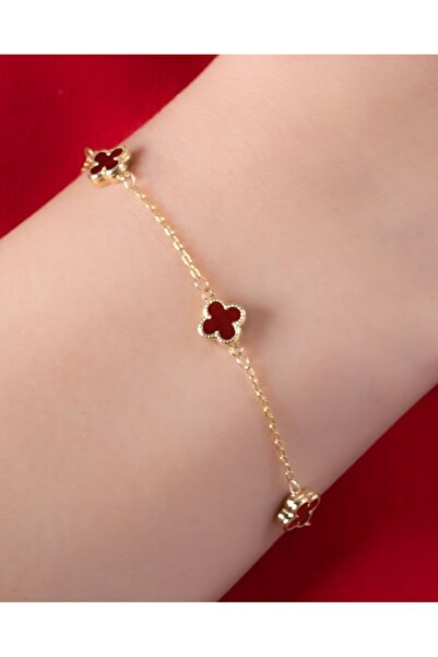 YCL JEWELLERY 8 Ayar Altın Bordo Yonca Figürlü Bileklik
