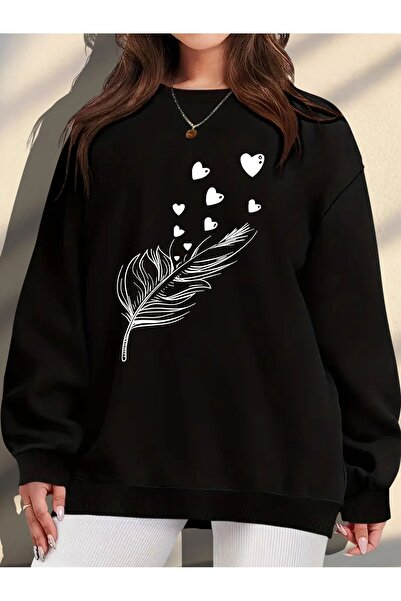MODAVİBE سويت شيرت نسائي كبير الحجم على شكل قلب مبطن بالصوف قطن XS-6XL