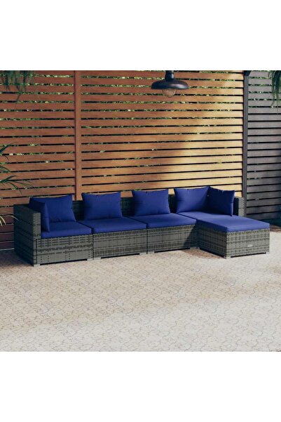 vidaxl طقم أثاث حديقة مكون من 5 قطع مع وسائد من البولي روطان رمادي