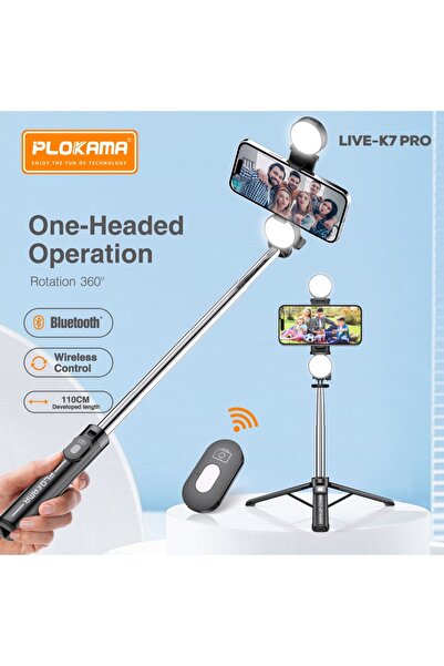 PLOKAMA Live-K7 Pro 3-in-1 Mobile Tripod & Selfie Stick with Dual LED Lights