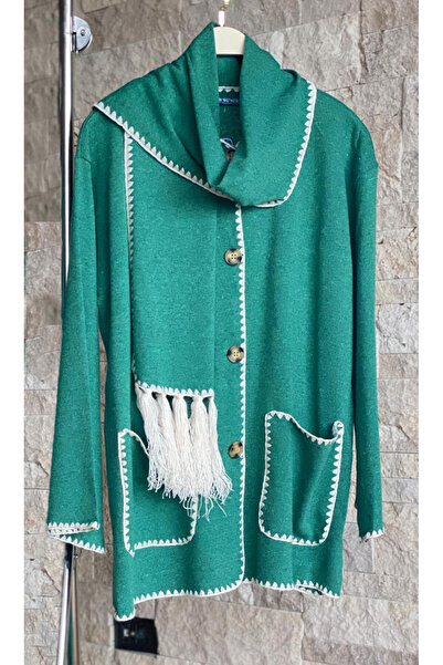 Hatun Atila Hatunatila Crochet Detailed Scarf-Herding Hera Knitwear Cardigan Green - 7762-1