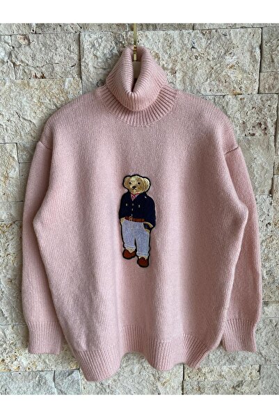 Hatun Atila Hatunatila Teddy Bear Patterned Apike Embroidered Turtleneck Sweater Pink 2418