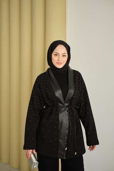 LOCCO Jachetă de damă cu detaliu în V, guler din piele, cu piatră, neagră