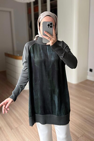 Ka Hijab Patterned High-Neck Mercerized Tunic with Side Zipper - Khaki