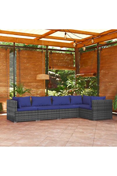 vidaxl طقم أثاث حديقة مكون من 5 قطع مع وسائد من البولي روطان رمادي