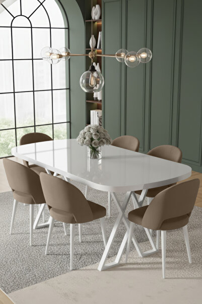 Canisa Arvon Serisi MDF 90x168 Sabit Beyaz Mutfak Masa Takımı 6 Cappucino San...