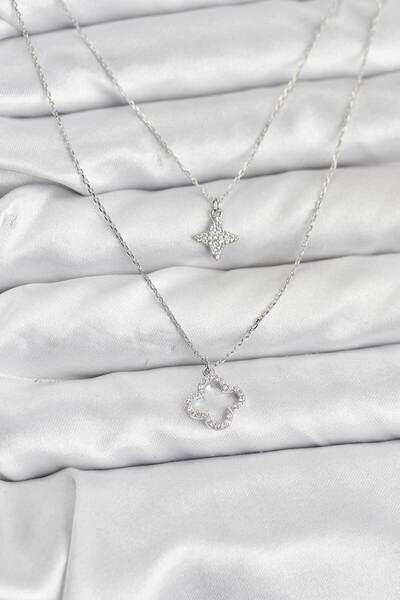 STİLLOVE Brass Silver Color Clover Model 2-Piece Women's Necklace