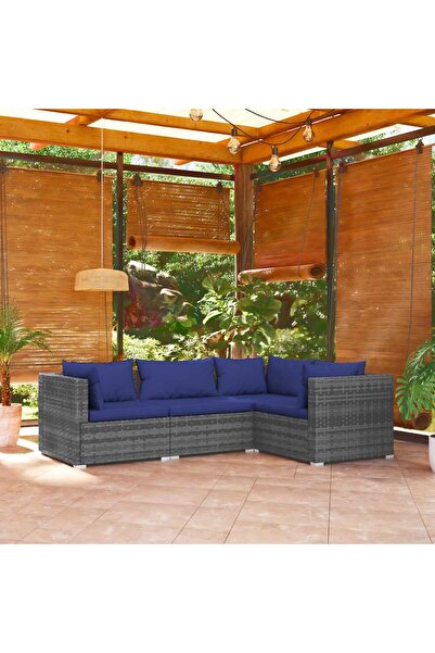 vidaxl طقم صالة حديقة مكون من 4 قطع مع وسائد من الروطان البلاستيكي الرمادي