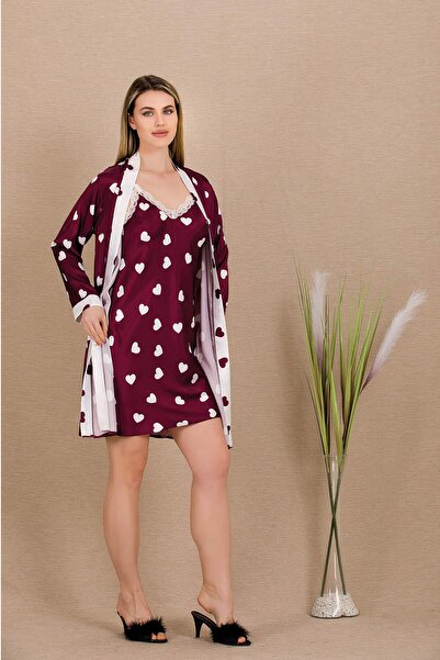 REN Γυναικείο Σετ Νυχτικό και Παντελόνι από Σατέν Καρδιά