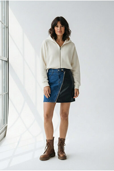 Roosbutik Asimetrik Fermuar Detaylı Kot ve Deri Karma Mini Etek