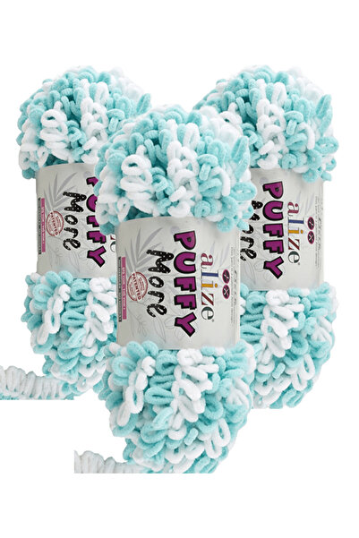Alize Ață de tricotat manual Puffy More 3 bucăți – 6269 verde apă alb – 150 g...