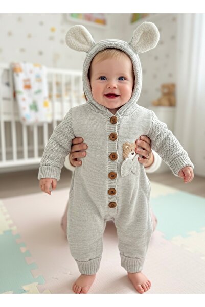 Butik Gri Bebek İçi Polarlı Kapüşonlu Kulaklı Tulum – Yumuşak, Sıcak Kışlık B...