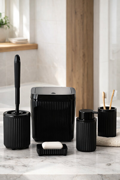 Porsima 3088-1 Glev Black 5 Piece Bathroom Set - Trash Can, Soap Dispenser, Toothbrush Holder and Silicone Toilet Brush