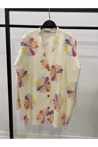 Hatun Atila Digital Printed Patterned V-Neck Buttoned Transitional Knitwear L...