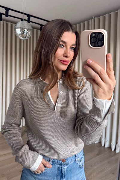 Sue Store Mink White Button Front Sweater