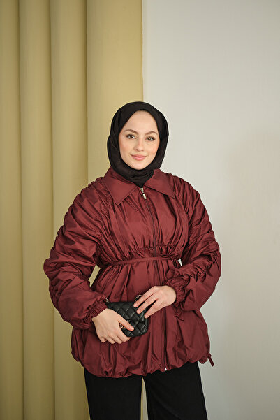 LOCCO Women's Drawstring Detail Parachute Jacket Burgundy