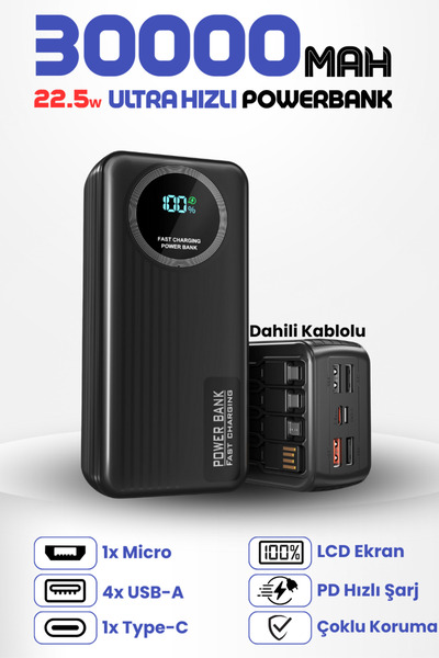 Enshall 30.000 Mah 22.5W Hızlı Şarj Destekli Forefo Dahili Kablolu Taşınabili...