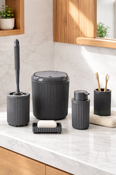 Porsima 3005 Goya Gray 5 Piece Bathroom Set - Trash Can, Soap Dispenser, Toot...