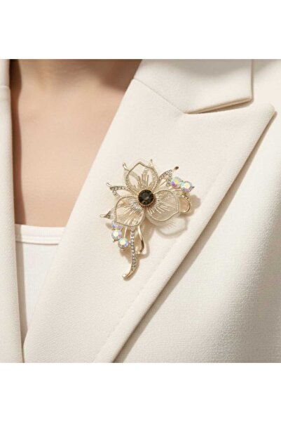 Daily Bazaar Gold Kaplama Kristal Taşlı Tül Detaylı Çiçek Broş