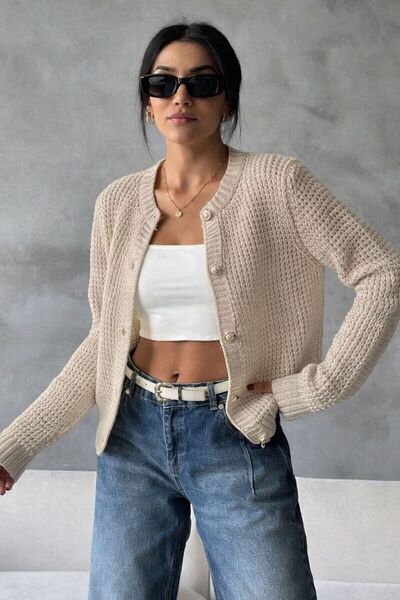 Sempre Women's Buttoned Knit Cardigan – Crew Neck Basic & Casual Style